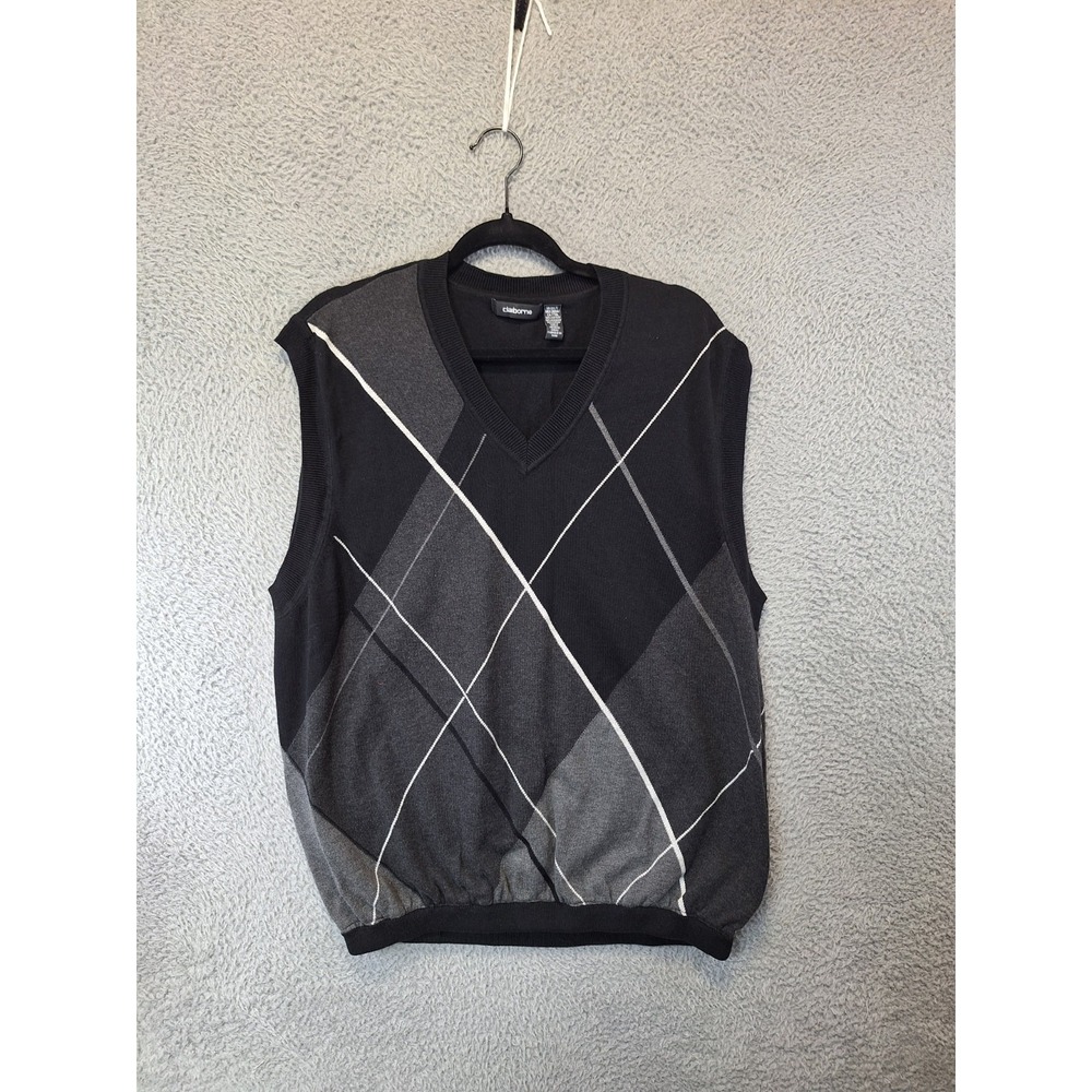 Claiborne Sweater Vest Mens Tall 2XL Black Gray Argyle Plaid Cotton Knit V Neck